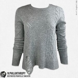N:PHILANTHROPY DECONSTRUCTED POINTELLE CABLE KNIT SWEATER SHADOW WOOL CASHMERE